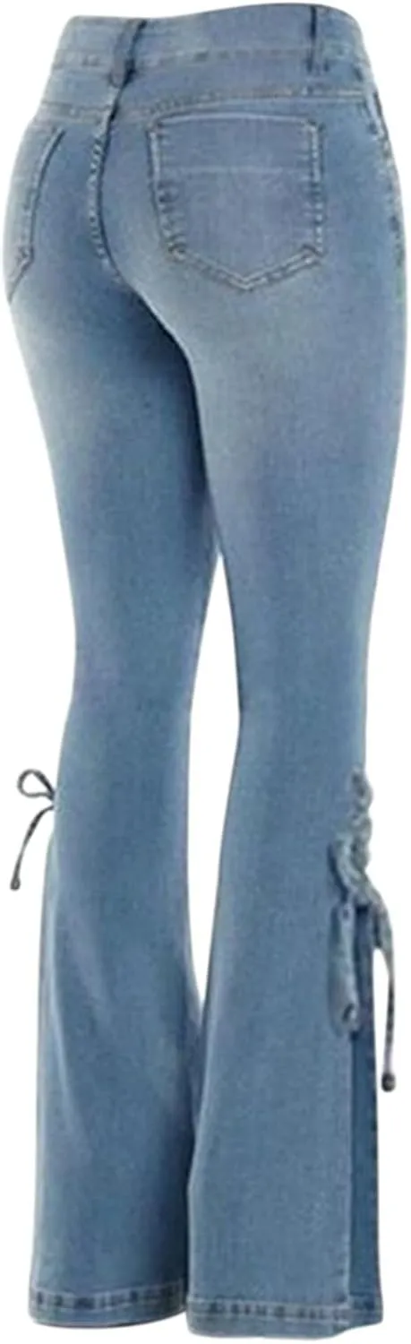 Women's Lace-up Bell Bottom Denim Pants Mid Waist Stretchy Flare Juniors Jeans Trouser Leggings Streetwear