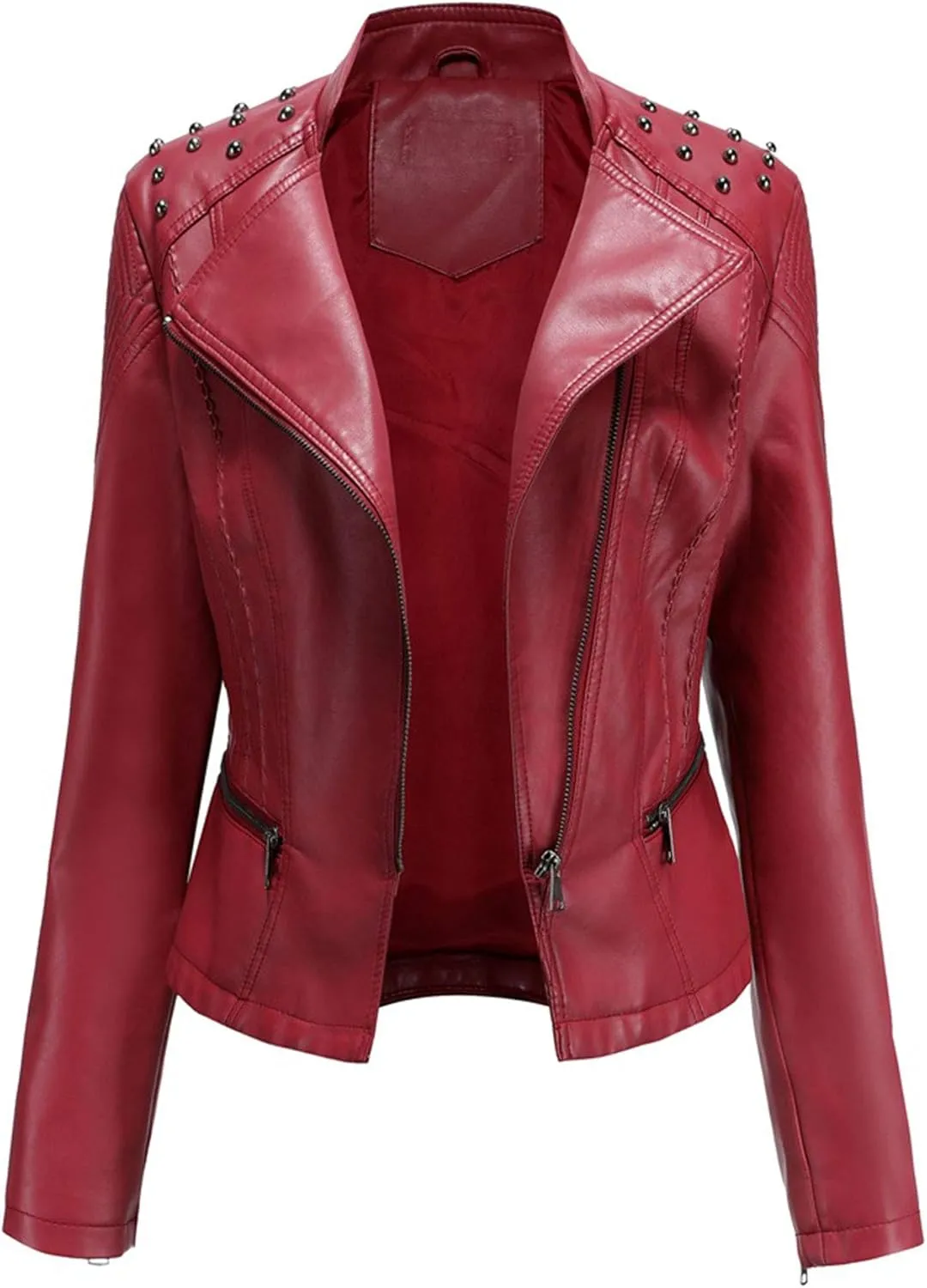 Womens Ladies PU Leather Slim Fit Rivet Punk Motorcycle Biker Jacket Coat