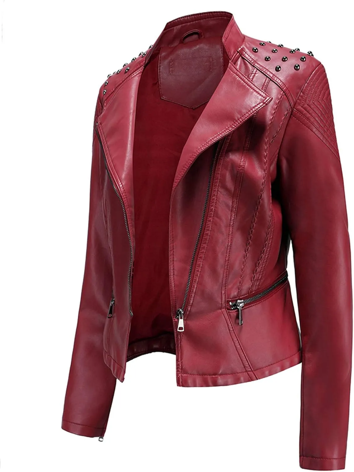 Womens Ladies PU Leather Slim Fit Rivet Punk Motorcycle Biker Jacket Coat