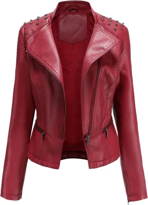 Womens Ladies PU Leather Slim Fit Rivet Punk Motorcycle Biker Jacket Coat