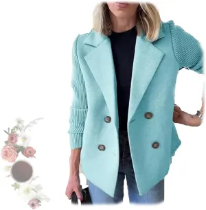Women's Lapel Button Knitted Patchwork Sleeve Casual Coat Cropped,Women's Patchwork Double Breasted Blazer Sweater