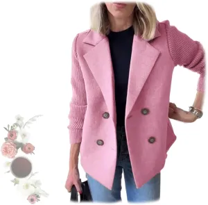 Women's Lapel Button Knitted Patchwork Sleeve Casual Coat Cropped,Women's Patchwork Double Breasted Blazer Sweater