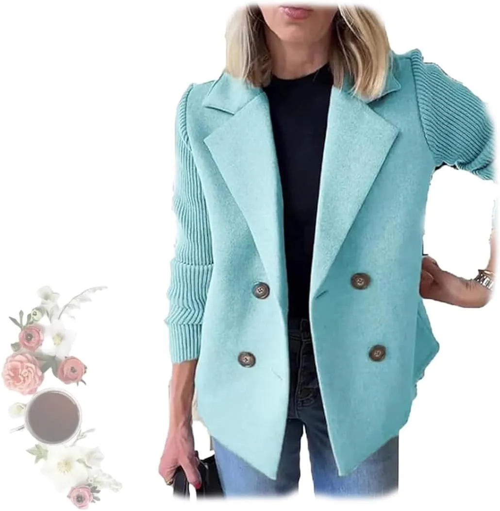 Women's Lapel Button Knitted Patchwork Sleeve Casual Coat Cropped,Women's Patchwork Double Breasted Blazer Sweater
