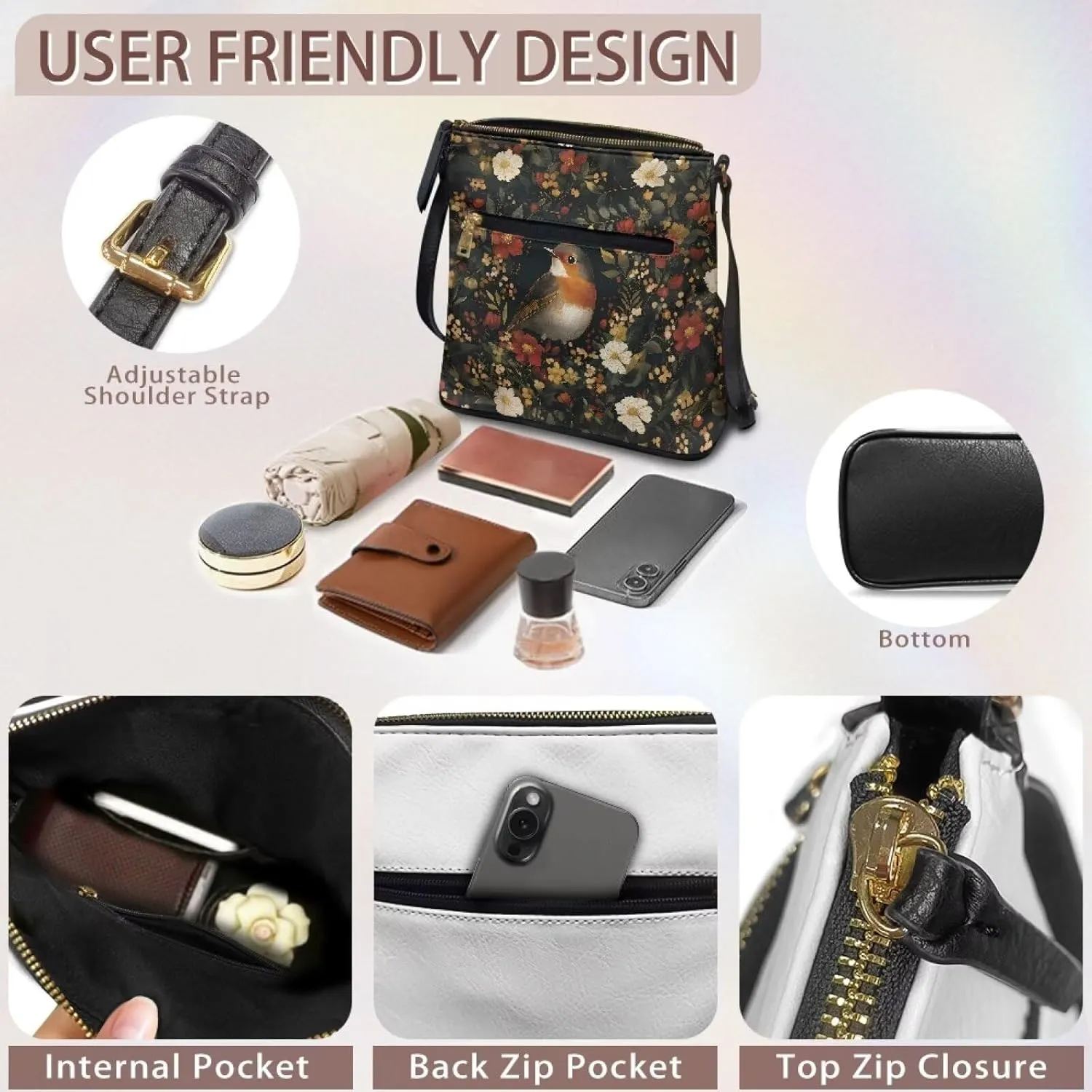Women's Leather Shoulder Bag Soft Ladies Crossbody Bags with Multiple Pockets Fashion Handbags Zip Sling Purses
