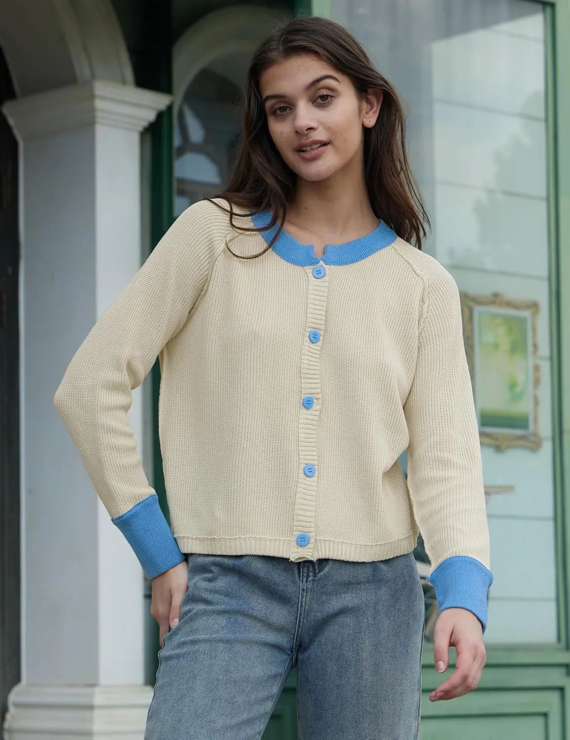Womens Lightweight Button Down Patchwork Crewneck Long Sleeve Open Front Knit Cardigan Sweaters