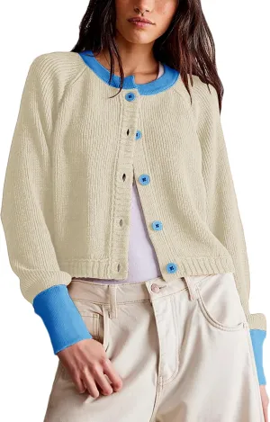 Womens Lightweight Button Down Patchwork Crewneck Long Sleeve Open Front Knit Cardigan Sweaters