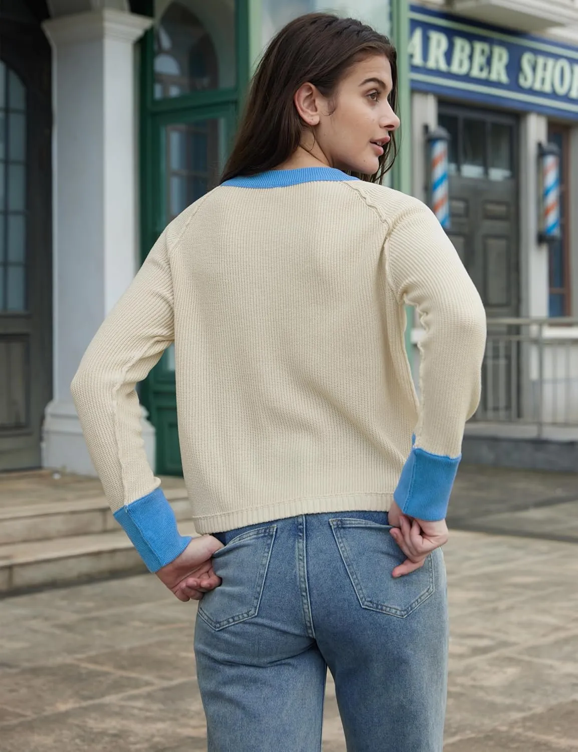 Womens Lightweight Button Down Patchwork Crewneck Long Sleeve Open Front Knit Cardigan Sweaters