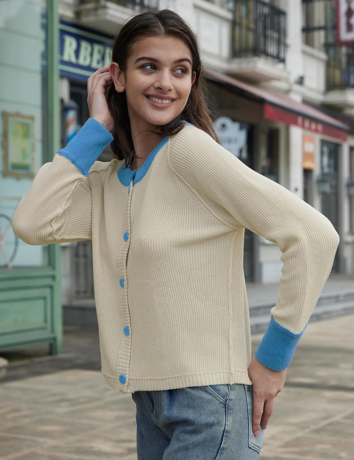 Womens Lightweight Button Down Patchwork Crewneck Long Sleeve Open Front Knit Cardigan Sweaters