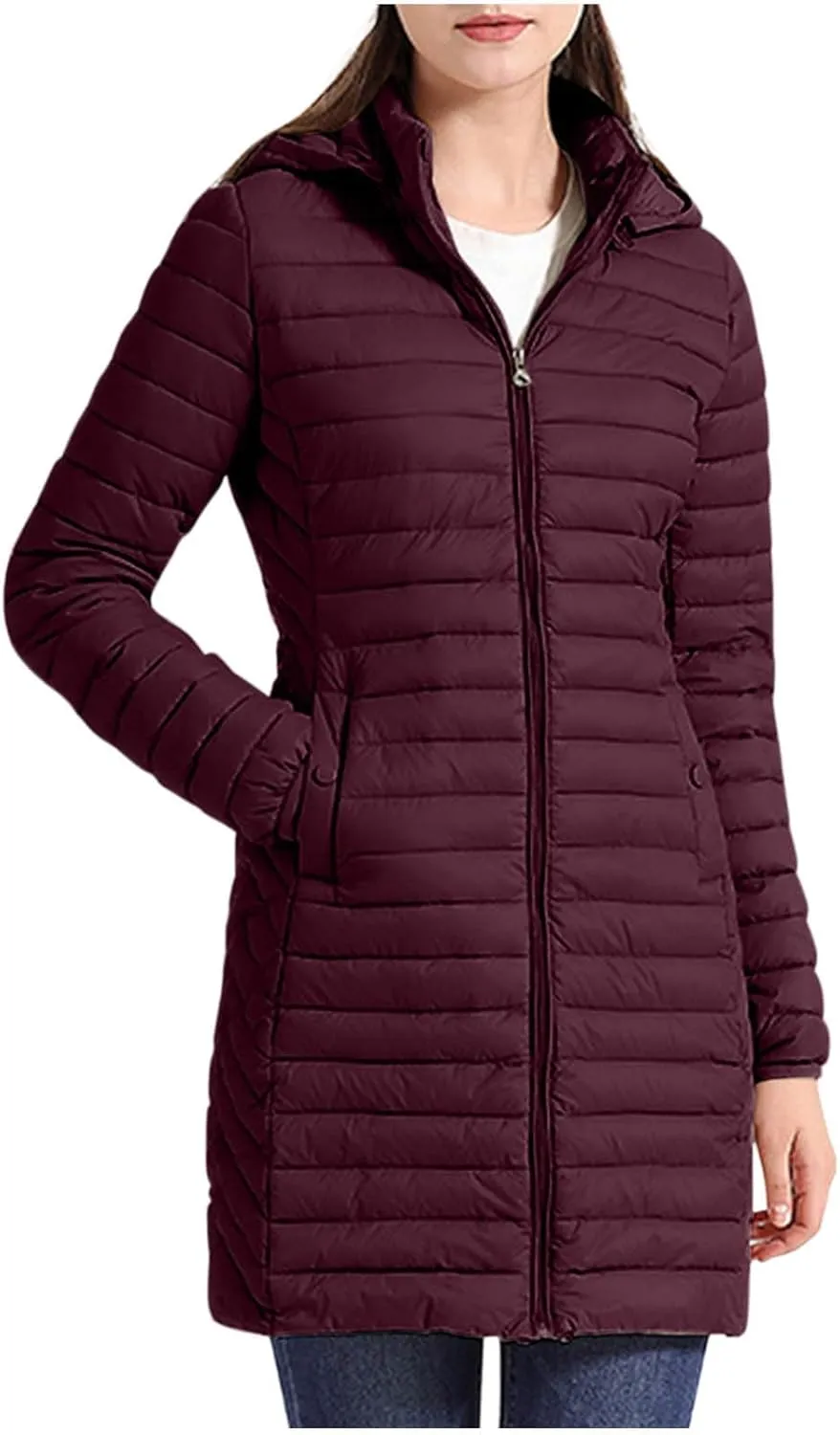 Women's Lightweight Puffer Jackets Winter Warm Long Sleeve Zip Quilted Padded Jacket Plus Size Down Jackets With Hood