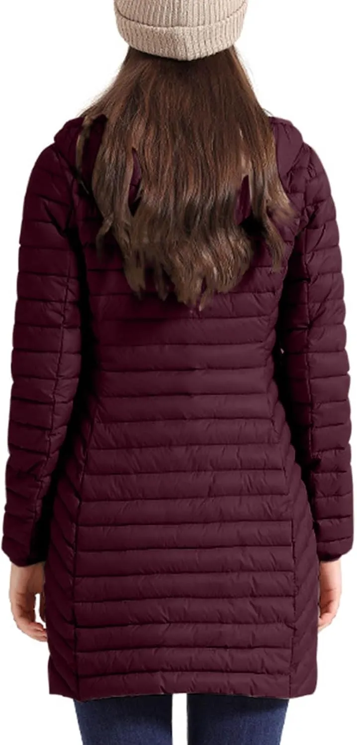 Women's Lightweight Puffer Jackets Winter Warm Long Sleeve Zip Quilted Padded Jacket Plus Size Down Jackets With Hood
