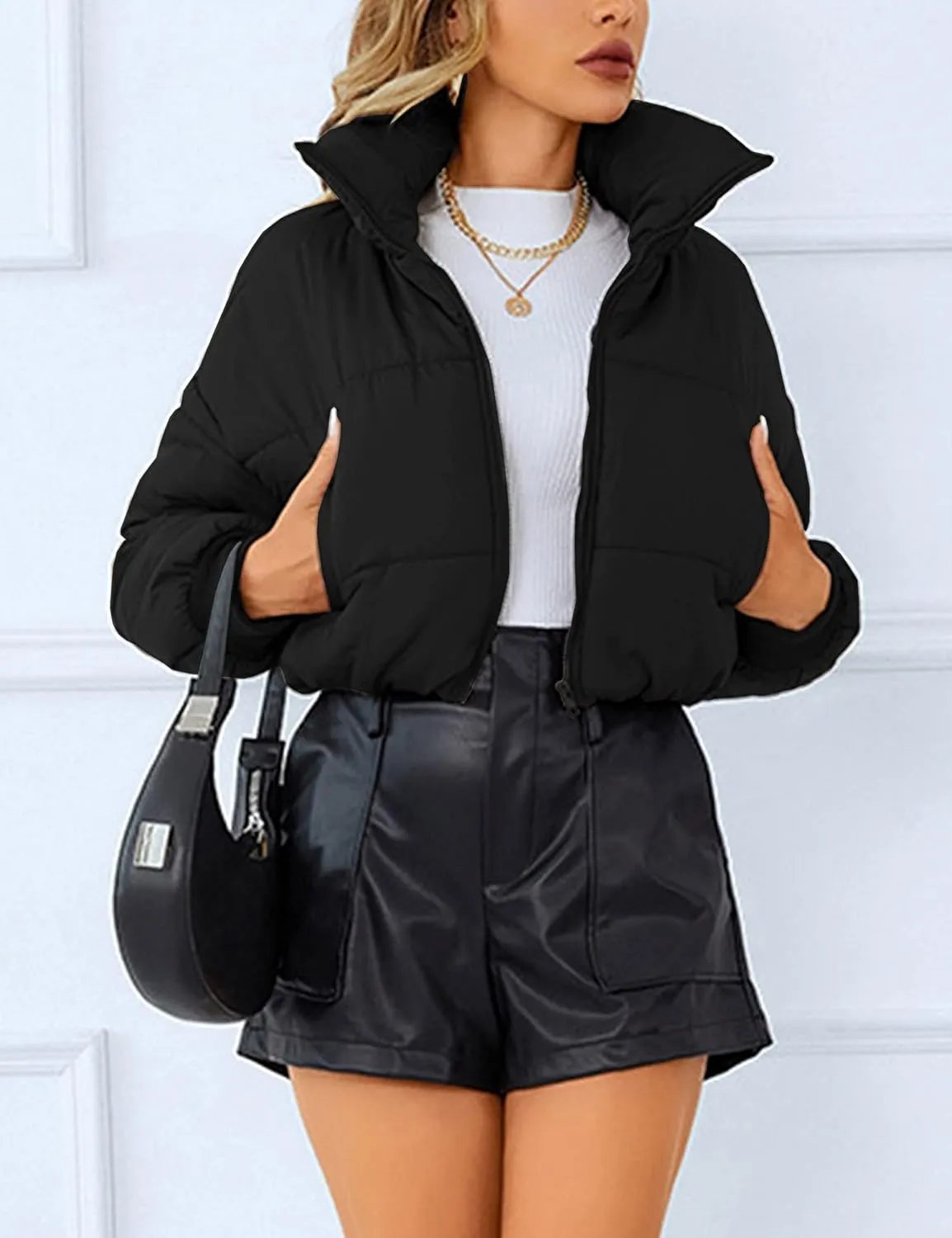 Womens Lightweight Warm Cropped Jacket Zipper Puffer Jacket Quilted Short Down Coat