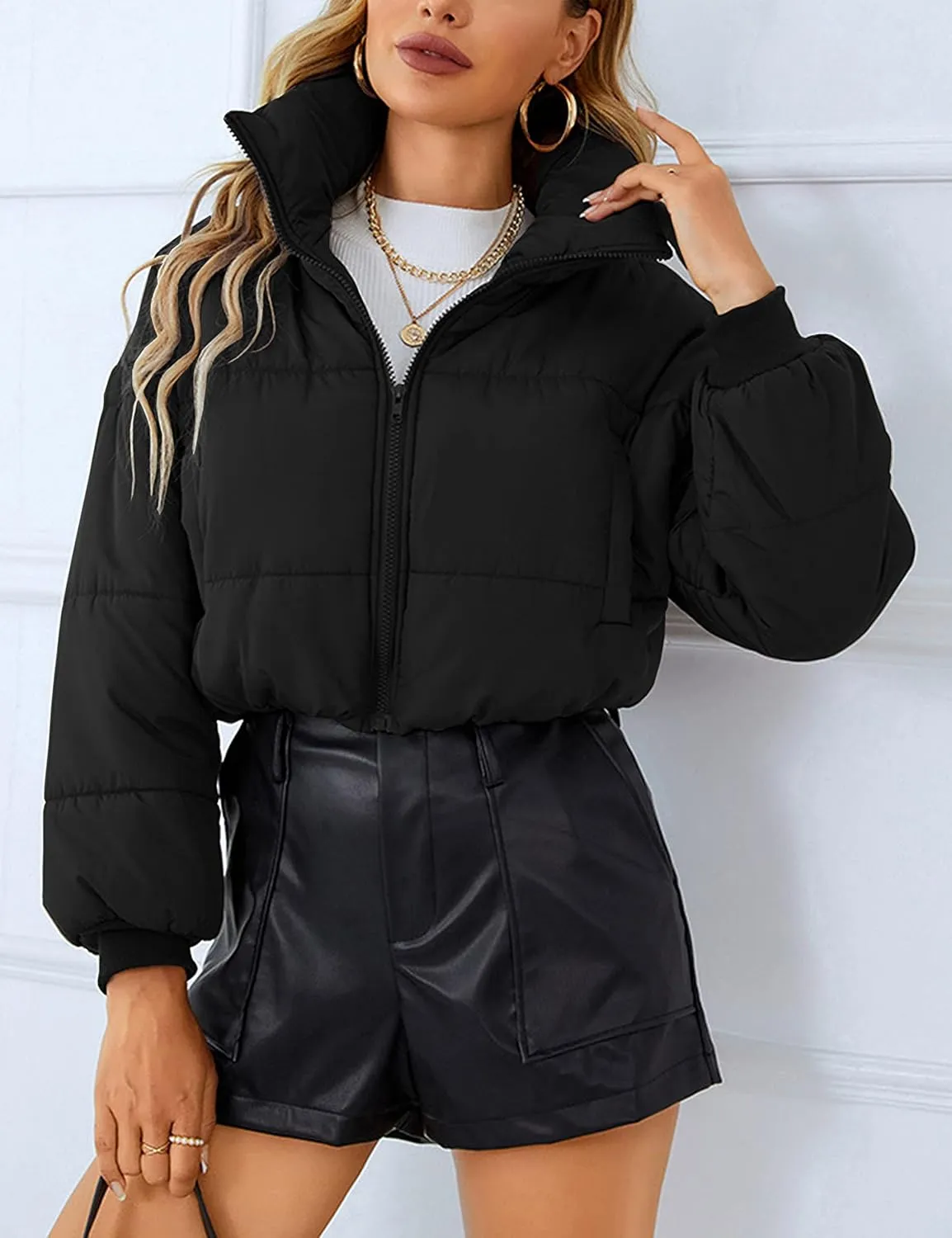 Womens Lightweight Warm Cropped Jacket Zipper Puffer Jacket Quilted Short Down Coat