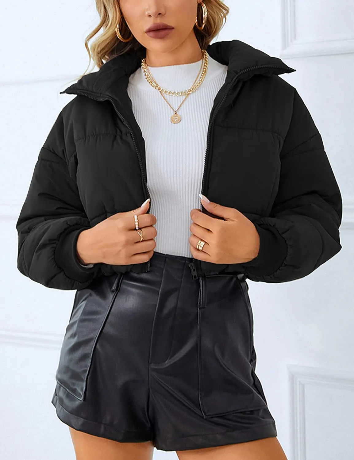 Womens Lightweight Warm Cropped Jacket Zipper Puffer Jacket Quilted Short Down Coat