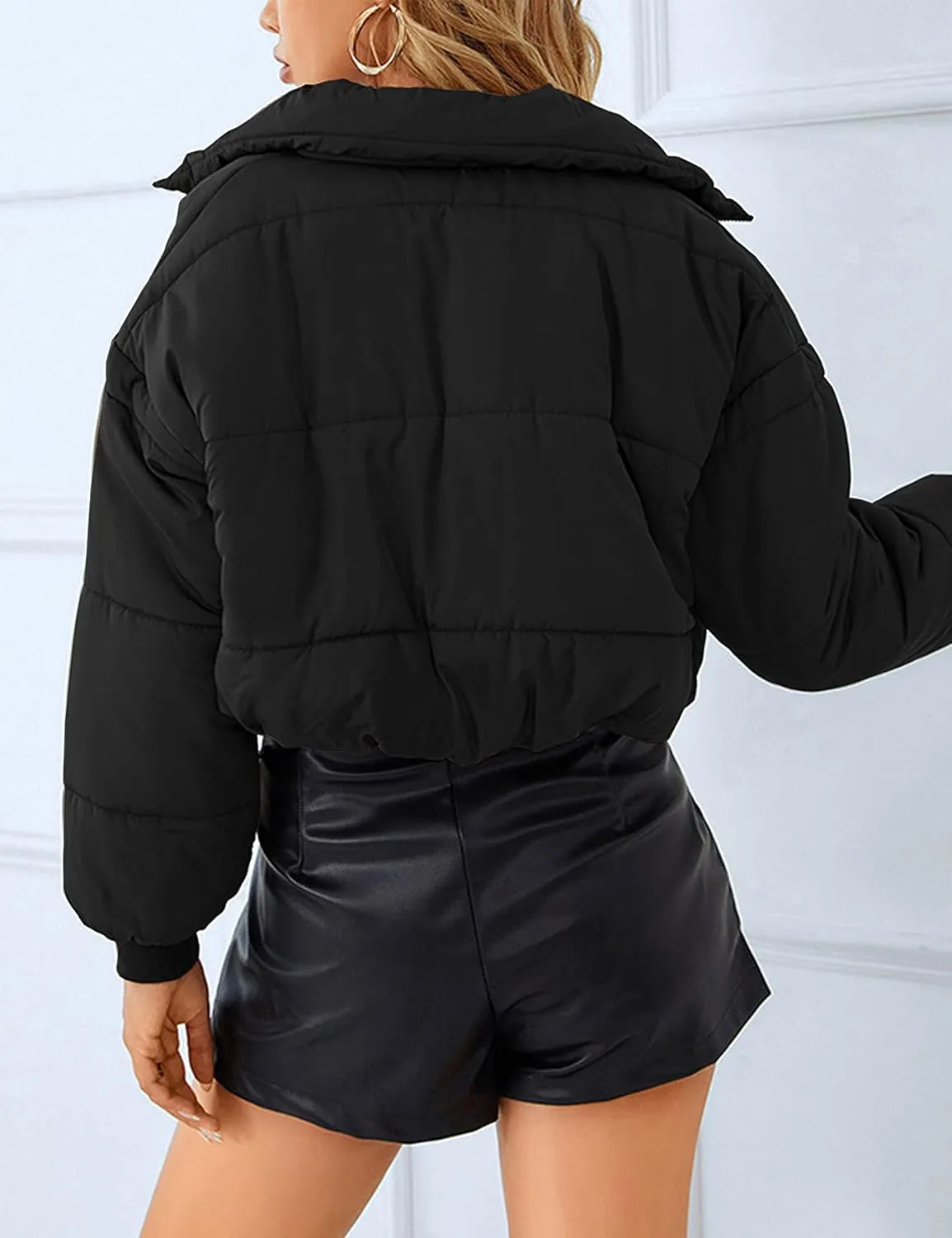 Womens Lightweight Warm Cropped Jacket Zipper Puffer Jacket Quilted Short Down Coat