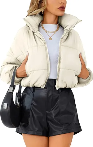 Womens Lightweight Warm Cropped Jacket Zipper Puffer Jacket Quilted Short Down Coat