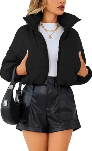 Womens Lightweight Warm Cropped Jacket Zipper Puffer Jacket Quilted Short Down Coat
