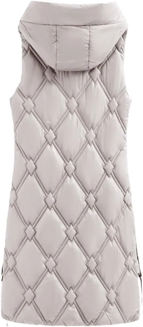 Women's Long Quilted Vest Hooded Maxi Length Sleeveless Puffer Vest Padded Coat Casual Down Vest Winter Outerwear