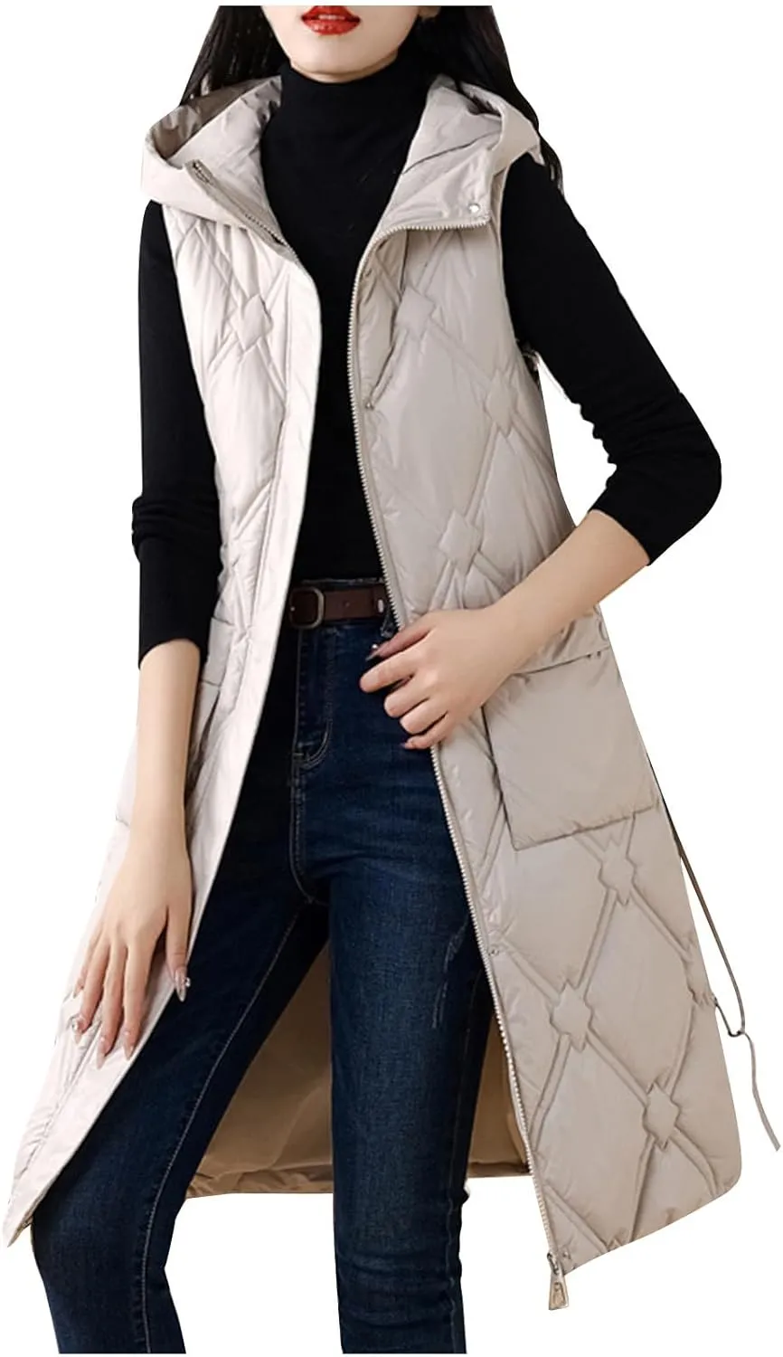 Women's Long Quilted Vest Hooded Maxi Length Sleeveless Puffer Vest Padded Coat Casual Down Vest Winter Outerwear