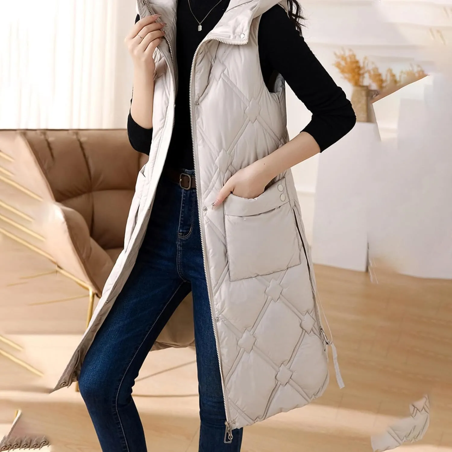 Women's Long Quilted Vest Hooded Maxi Length Sleeveless Puffer Vest Padded Coat Casual Down Vest Winter Outerwear
