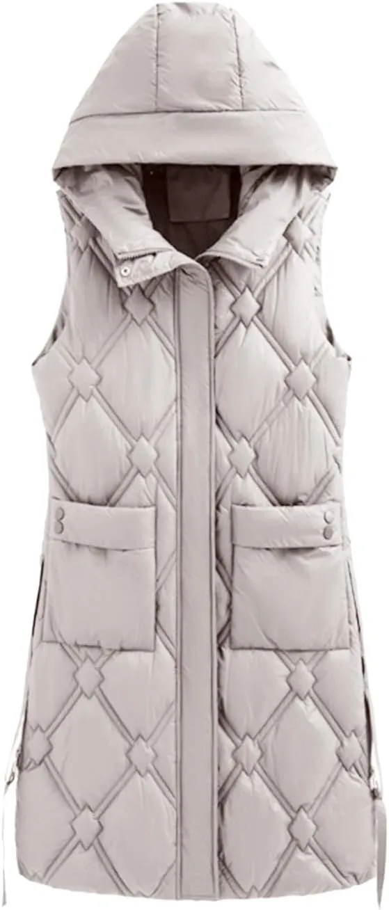 Women's Long Quilted Vest Hooded Maxi Length Sleeveless Puffer Vest Padded Coat Casual Down Vest Winter Outerwear