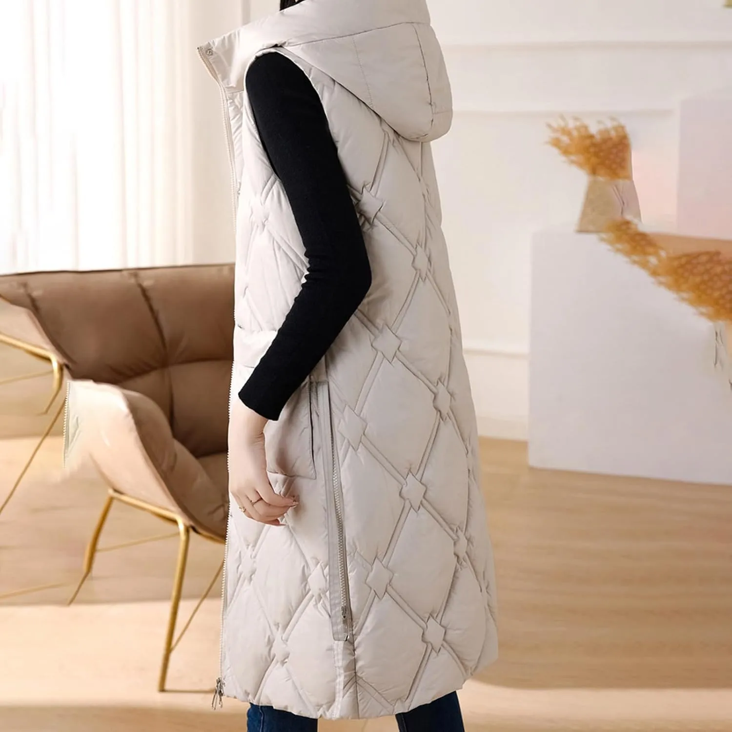 Women's Long Quilted Vest Hooded Maxi Length Sleeveless Puffer Vest Padded Coat Casual Down Vest Winter Outerwear