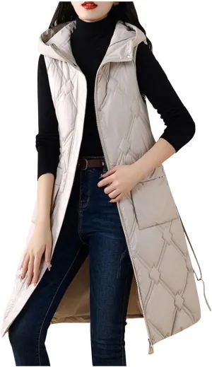 Women's Long Quilted Vest Hooded Maxi Length Sleeveless Puffer Vest Padded Coat Casual Down Vest Winter Outerwear