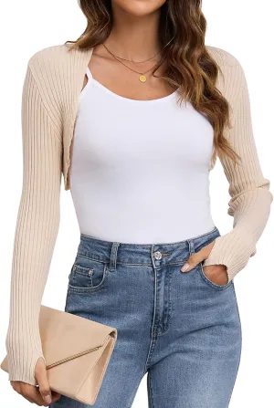 Women's Long Sleeve Shrug Sweaters Knit Bolero Shoulder Open Cropped Cardigan