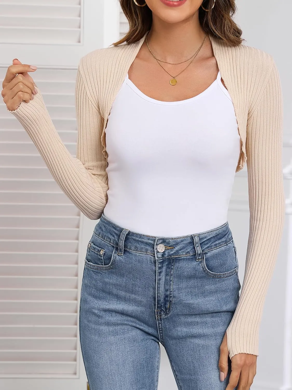 Women's Long Sleeve Shrug Sweaters Knit Bolero Shoulder Open Cropped Cardigan