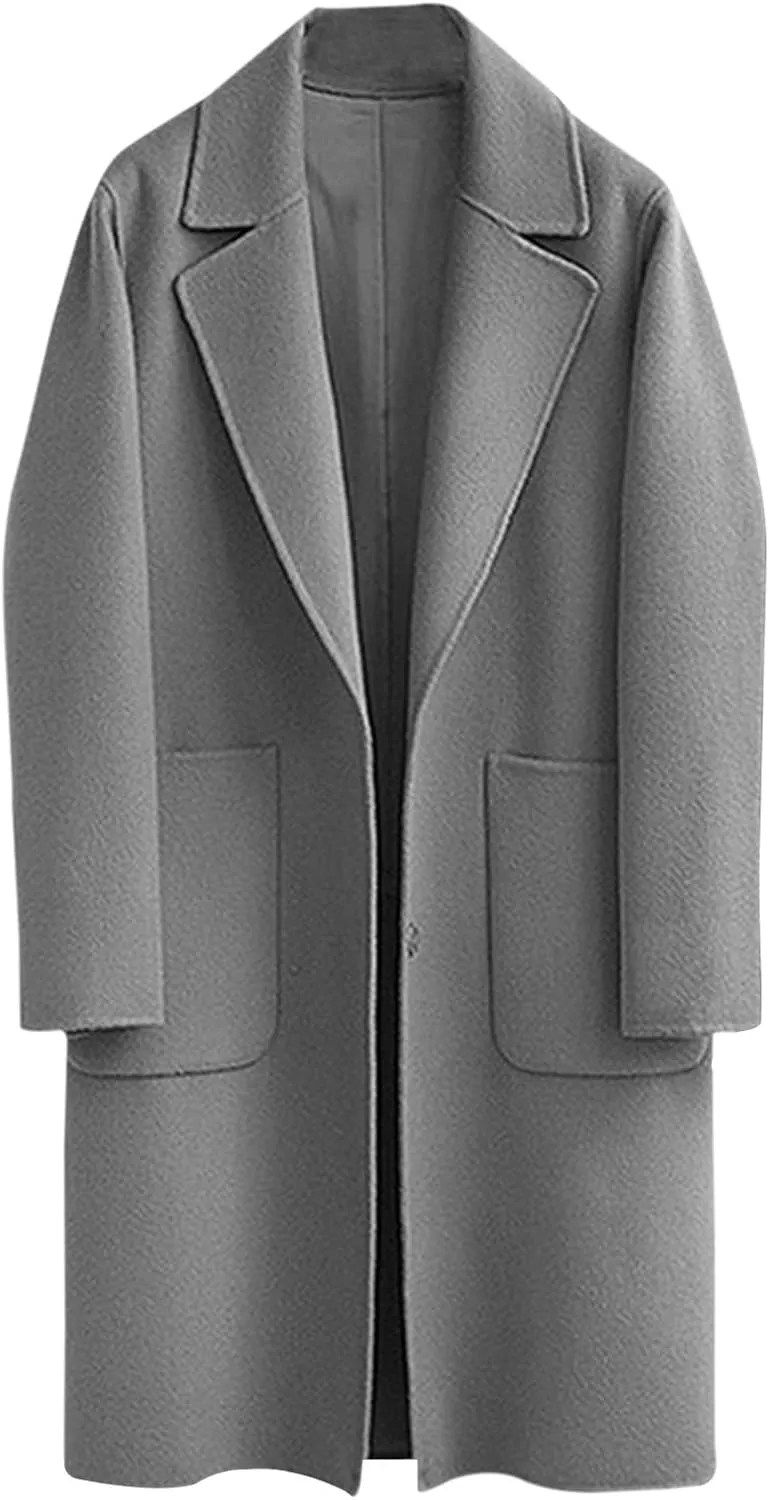 Women's Notched Lapel Wool Coats Mid Long Button Pea Coats Warm Thicken Single Breasted Trench Jacket Winter Overcoat