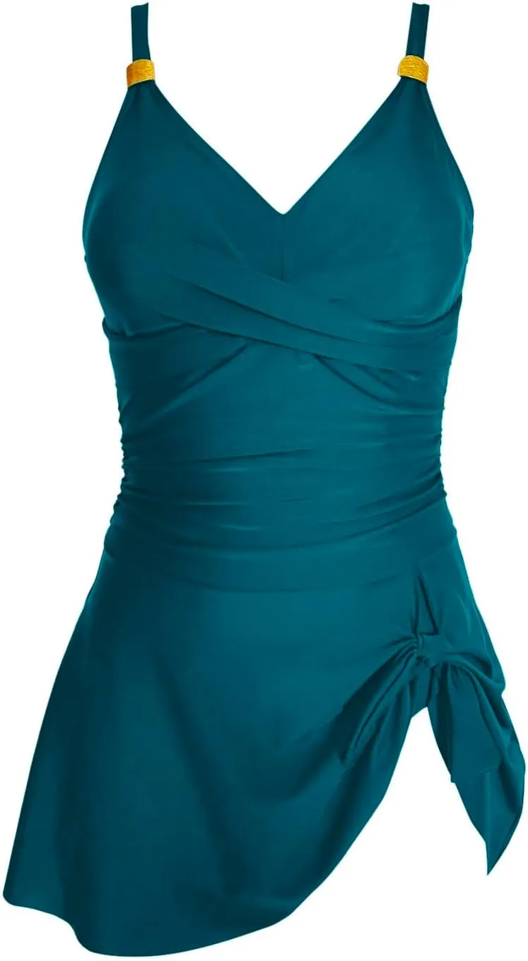 Womens One Piece Swimsuit Gold Metal Tie Knot Strtps V Neck Padded Wrap Swim Dress Tummy Control Bathing Suit
