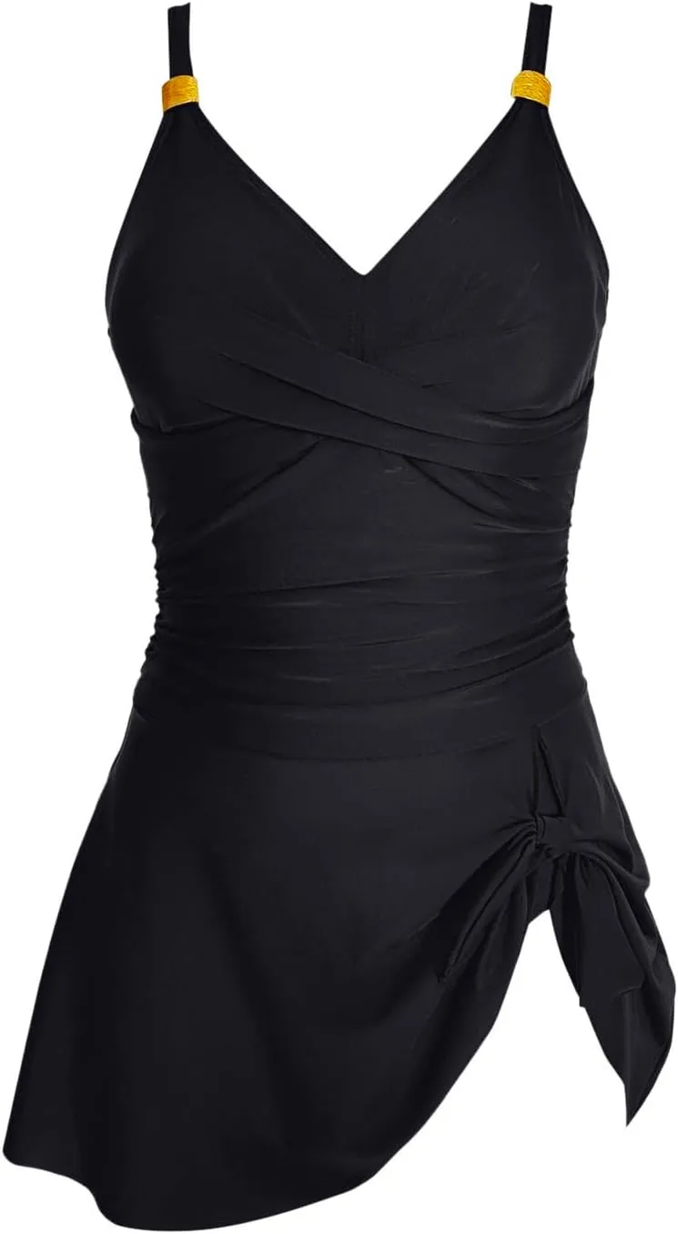 Womens One Piece Swimsuit Gold Metal Tie Knot Strtps V Neck Padded Wrap Swim Dress Tummy Control Bathing Suit