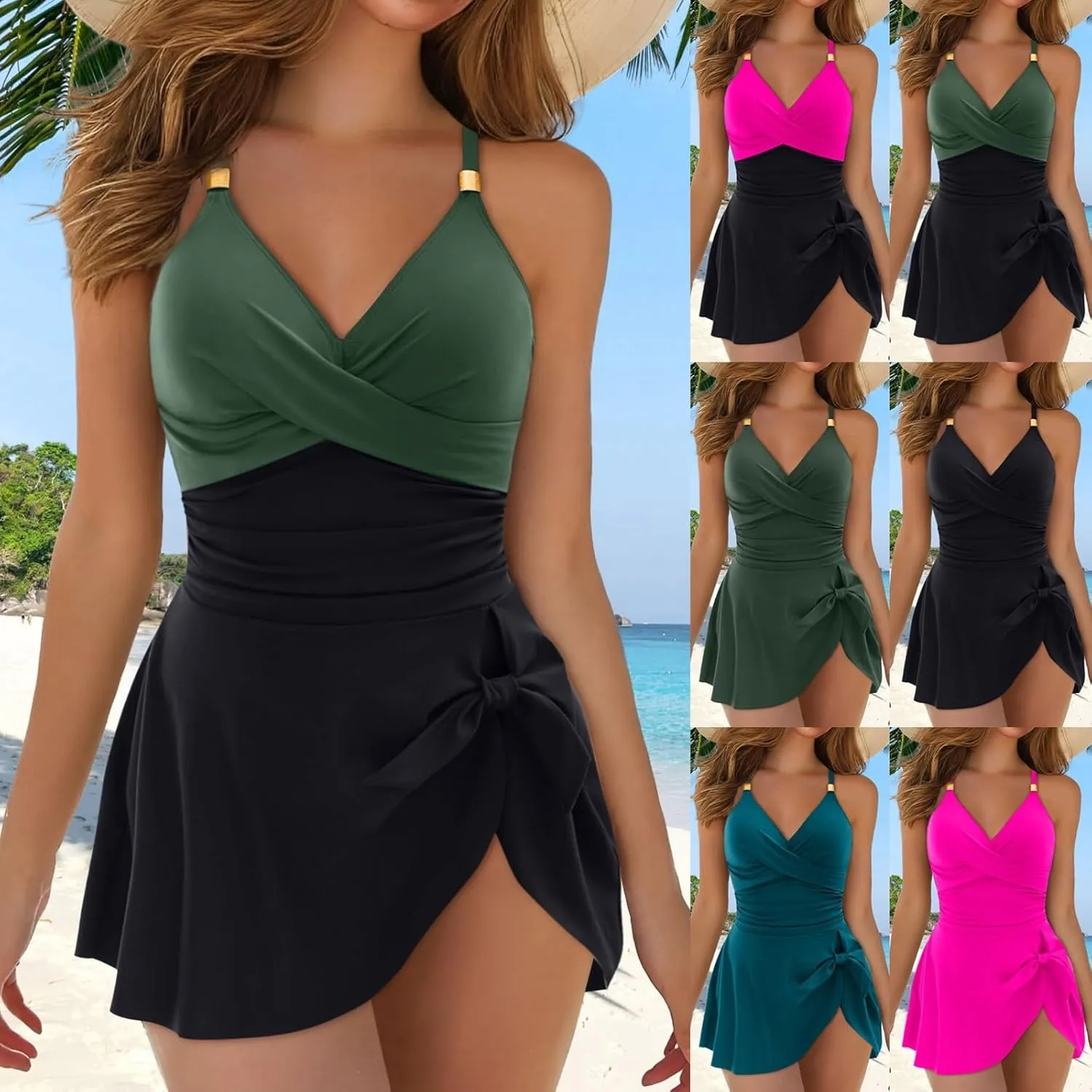 Womens One Piece Swimsuit Gold Metal Tie Knot Strtps V Neck Padded Wrap Swim Dress Tummy Control Bathing Suit