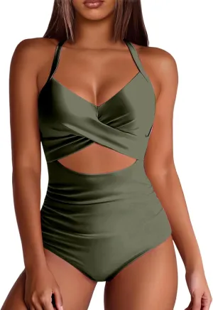 Womens One Piece Swimsuits Waisted Cross Tummy Control Cutout High Waisted Bathing Suit Straps Pad Swimwear