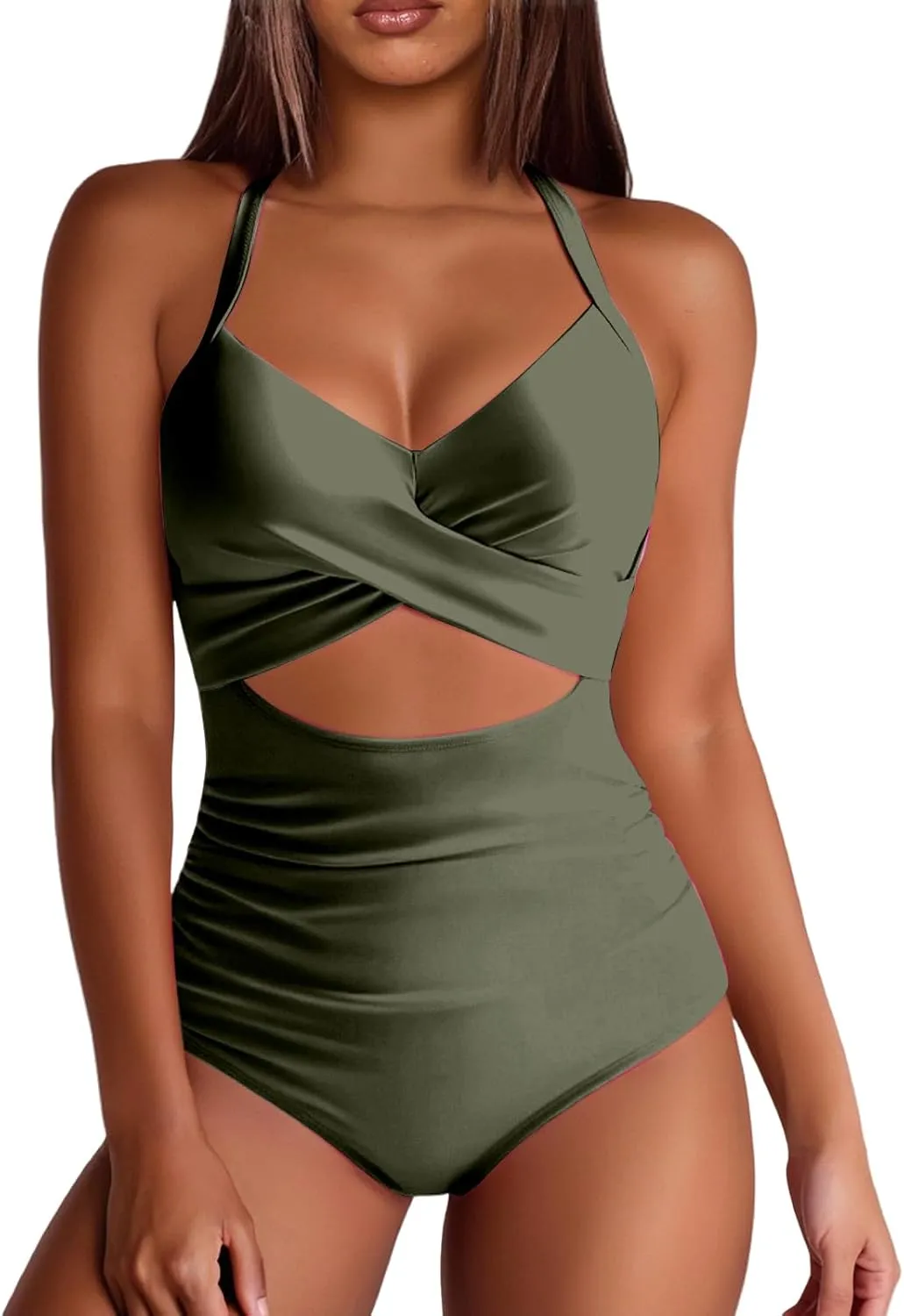 Womens One Piece Swimsuits Waisted Cross Tummy Control Cutout High Waisted Bathing Suit Straps Pad Swimwear