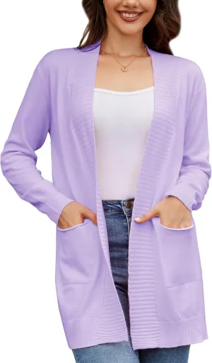Women's Open Front Cardigan with Pockets Long Sleeve Casual Knit Sweaters Purple