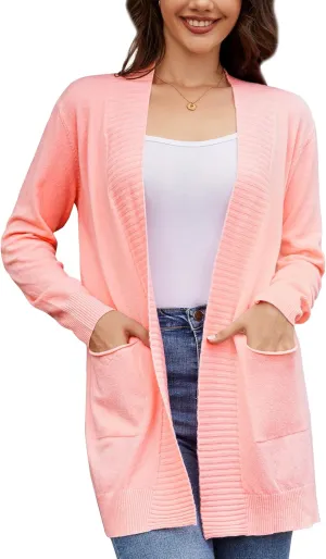 Women's Open Front Cardigan with Pockets Long Sleeve Casual Knit Sweaters