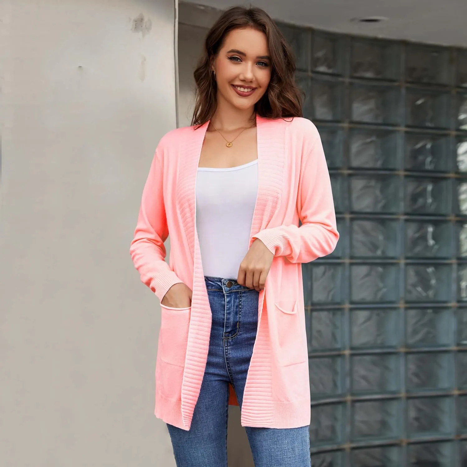Women's Open Front Cardigan with Pockets Long Sleeve Casual Knit Sweaters