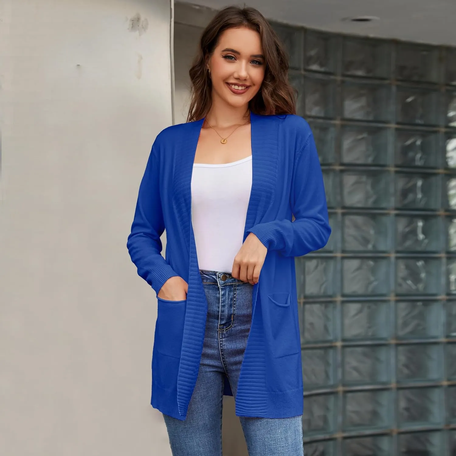 Women's Open Front Cardigan with Pockets Long Sleeve Casual Knit Sweaters