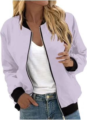 Womens Plus Size Long Sleeve Lightweight Zip Up Oversized Outerwear Windbreaker Casual Striped Bomber Jackets Coat
