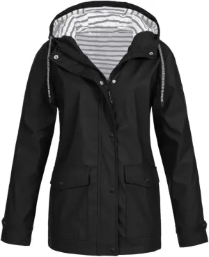 Womens Rain Jacket with Hood Fall Winter Jacket Sports Trench Jacket Solid Zip Up Windbreaker Drawstring Parka