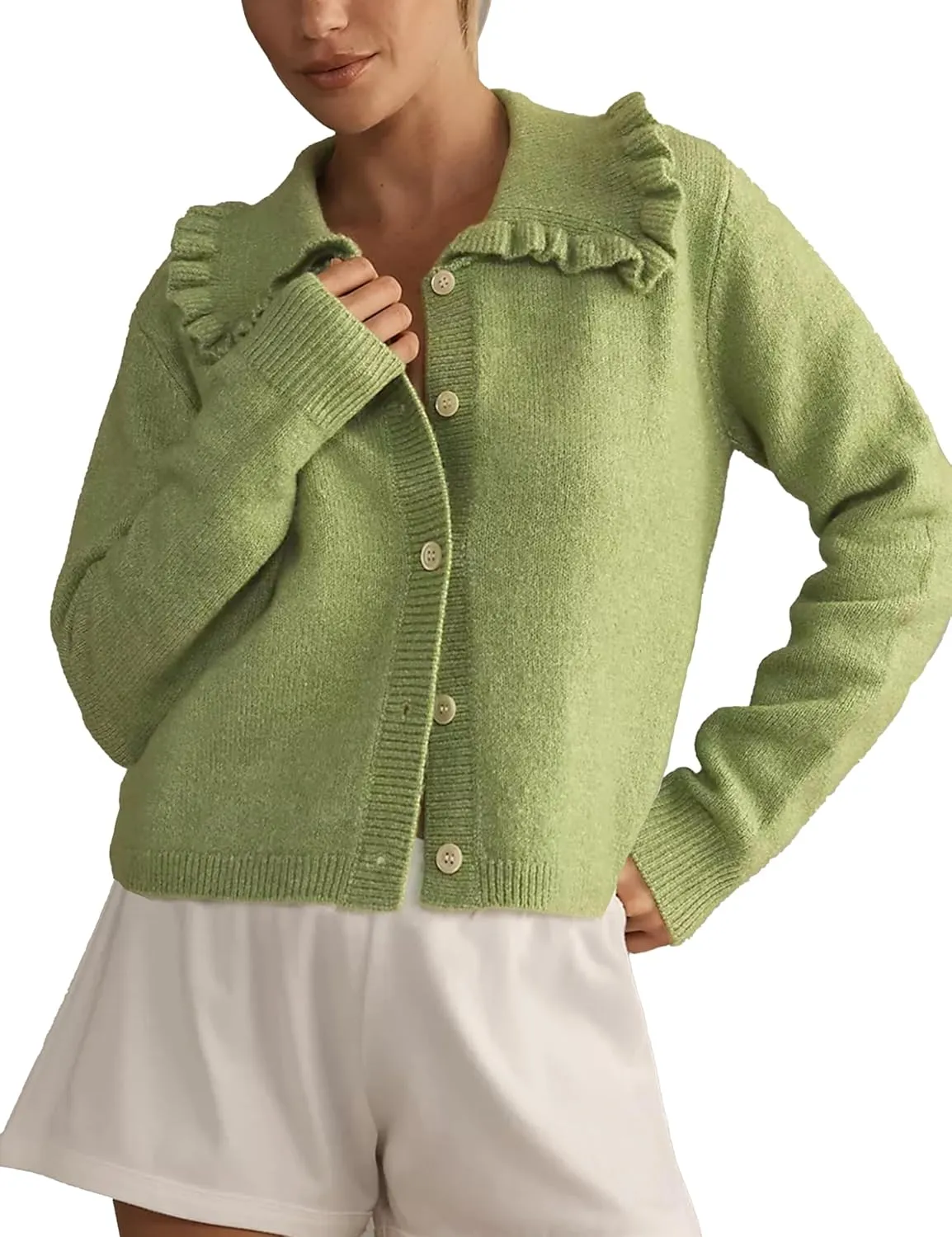 Womens Ruffle Cropped Sweater Open Front Outerwear Elegant Long Sleeve Knitted Cardigan Button Jacket Fall Tops
