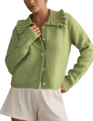 Womens Ruffle Cropped Sweater Open Front Outerwear Elegant Long Sleeve Knitted Cardigan Button Jacket Fall Tops
