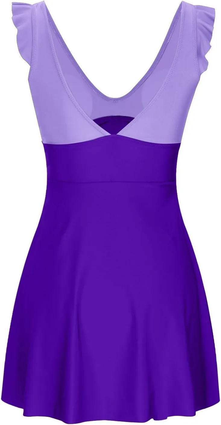 Womens Ruffle Swimdress One Piece Swimsuit Tummy Control V Neck Cutout Cross Wrap Swimwear Bathing Suits with Skirt