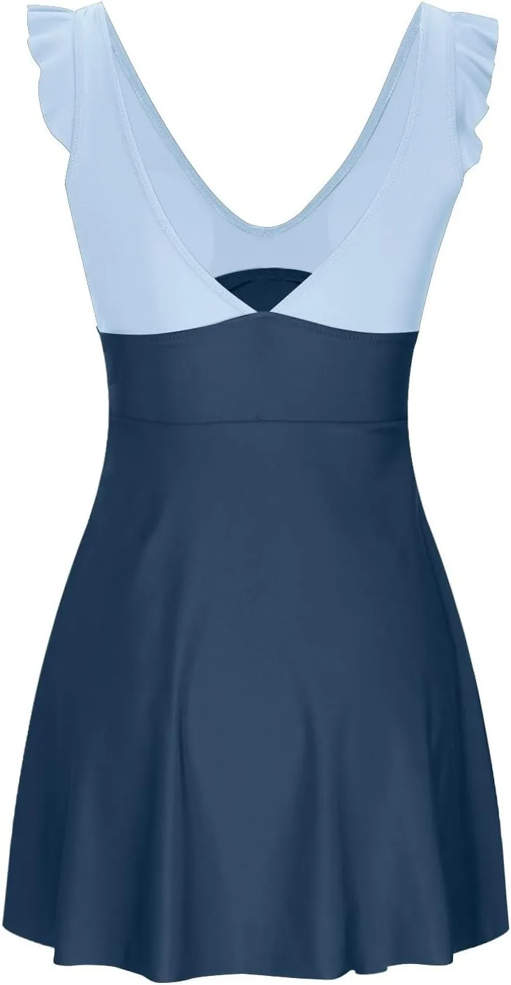 Womens Ruffle Swimdress One Piece Swimsuit Tummy Control V Neck Cutout Cross Wrap Swimwear Bathing Suits with Skirt