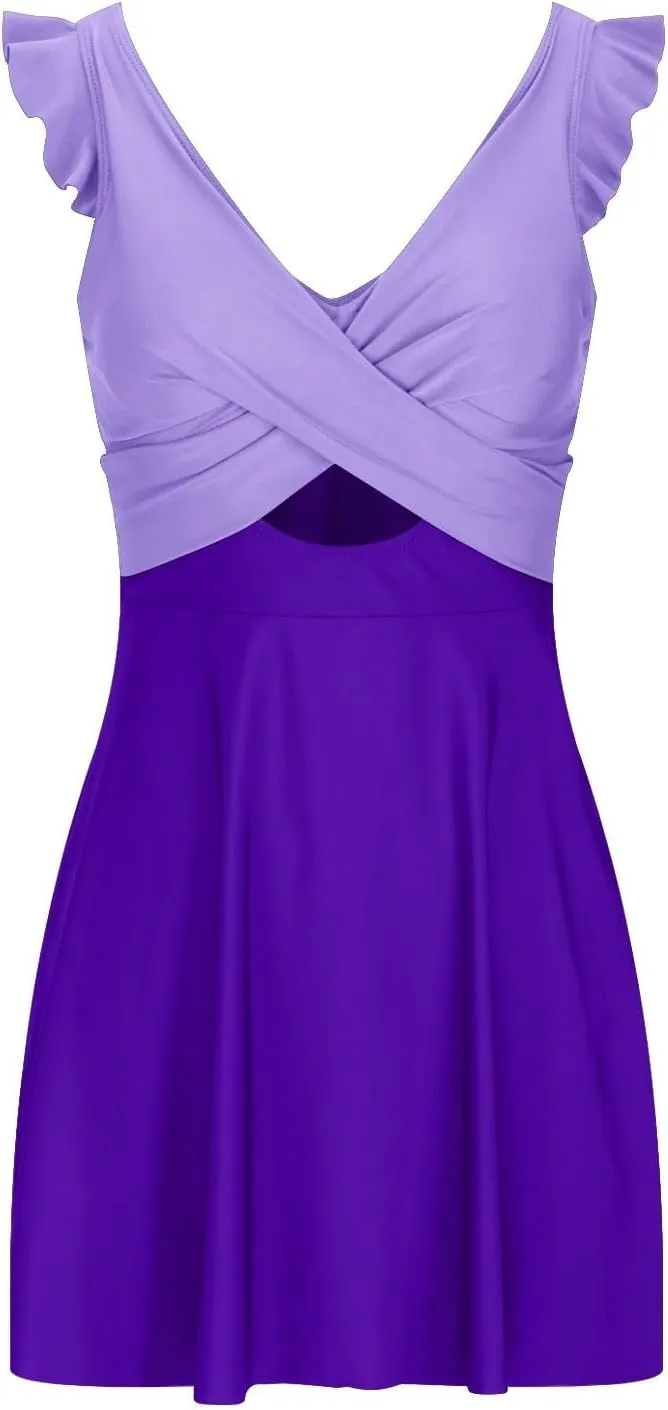 Womens Ruffle Swimdress One Piece Swimsuit Tummy Control V Neck Cutout Cross Wrap Swimwear Bathing Suits with Skirt