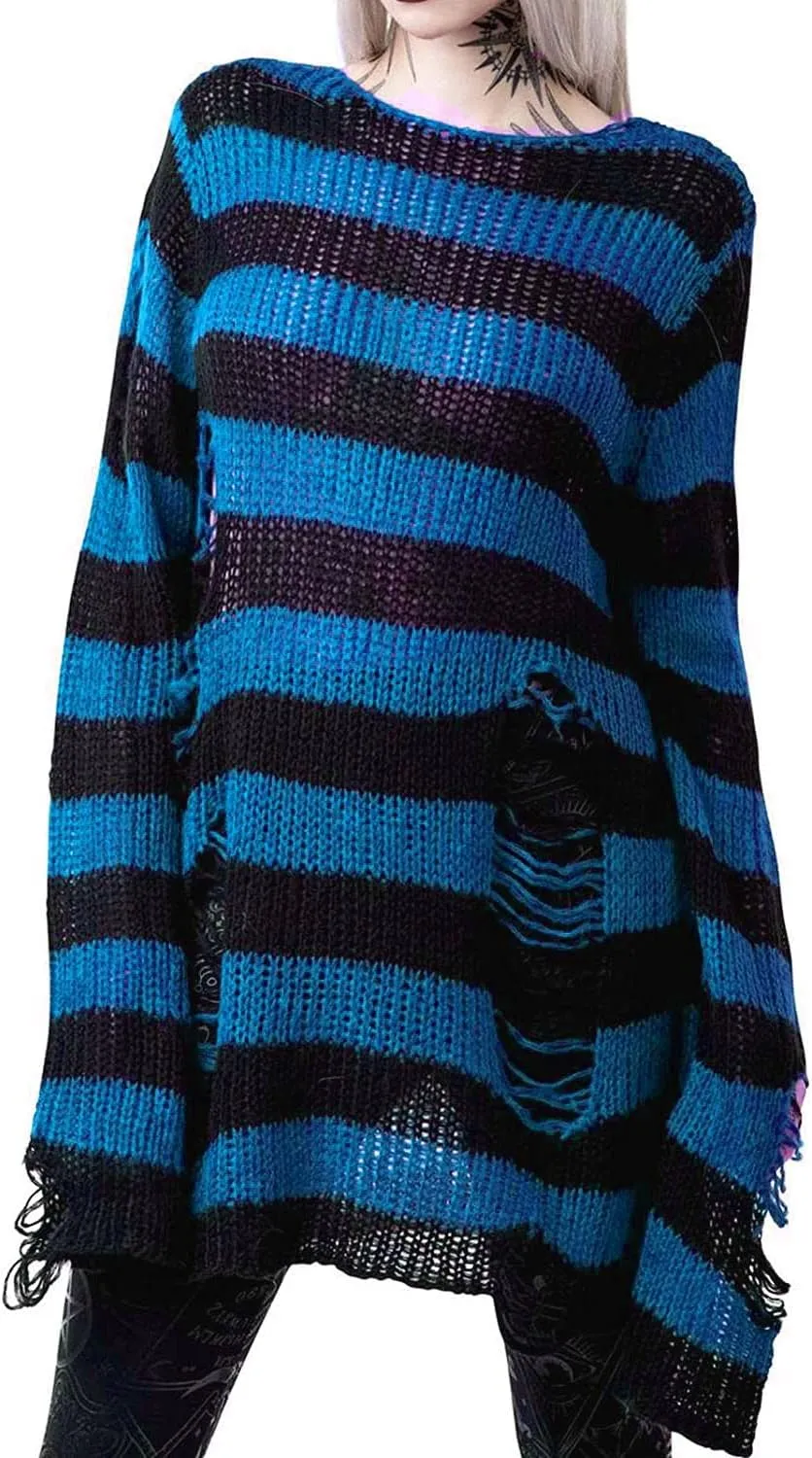 Women's See Through Hole Ripped Striped Long Knit Pullover Dress Sweaters Shirt
