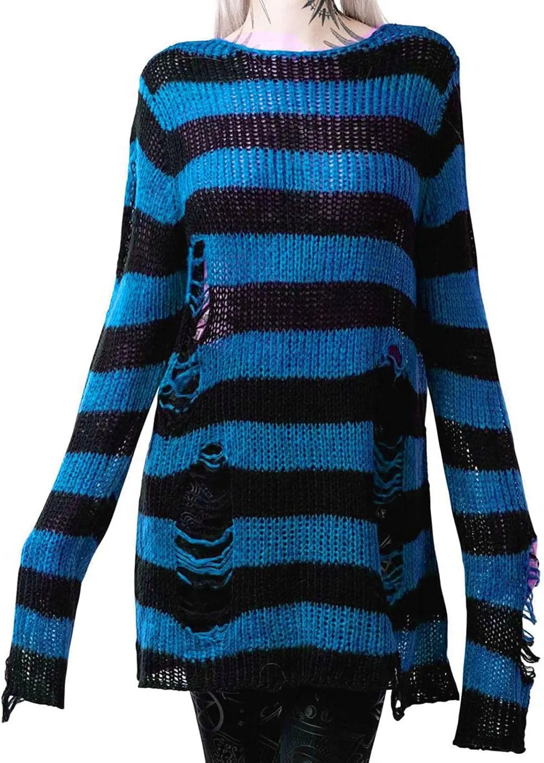 Women's See Through Hole Ripped Striped Long Knit Pullover Dress Sweaters Shirt