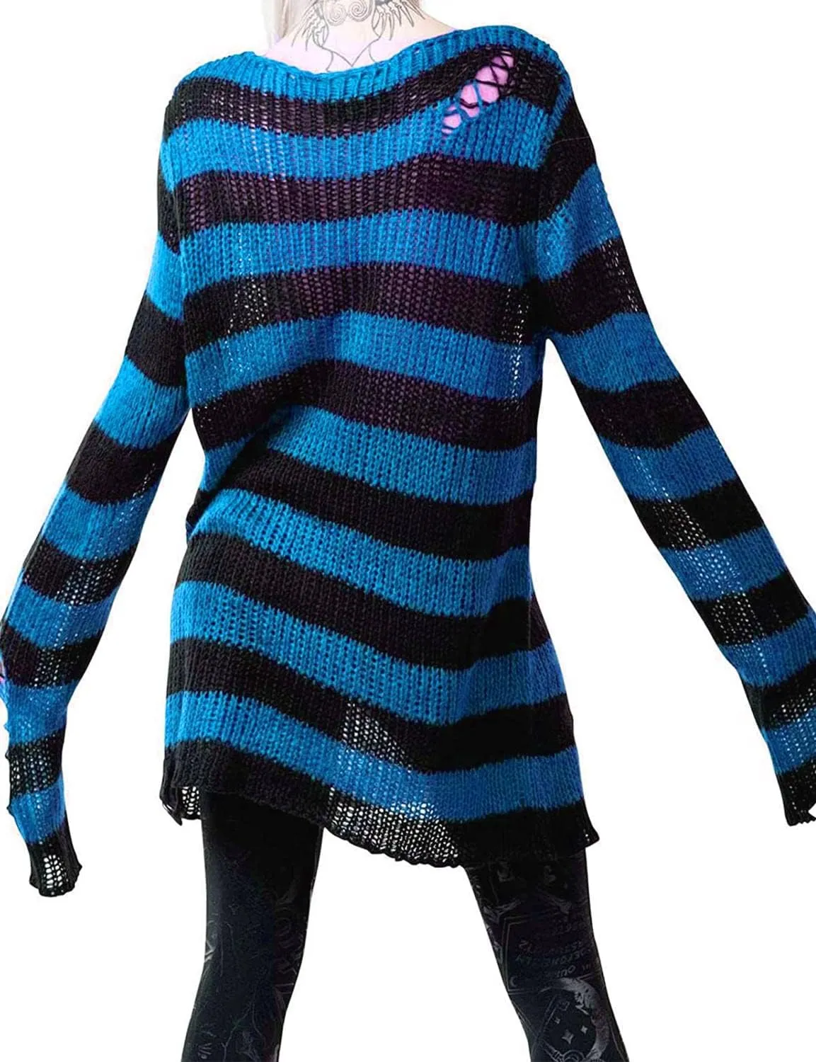 Women's See Through Hole Ripped Striped Long Knit Pullover Dress Sweaters Shirt