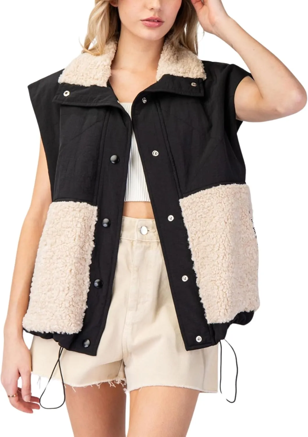 Womens Sherpa Fleece Contrast Puffer Vest Fuzzy Button Down Jackets Outerwear with Pockets