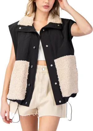 Womens Sherpa Fleece Contrast Puffer Vest Fuzzy Button Down Jackets Outerwear with Pockets